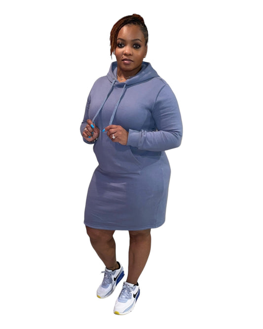 FLEECE HOODIE DRESS (DUSTY BLUE)