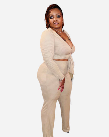 RIBBED ELEGANCE 2 PIECE SET (KHAKI)