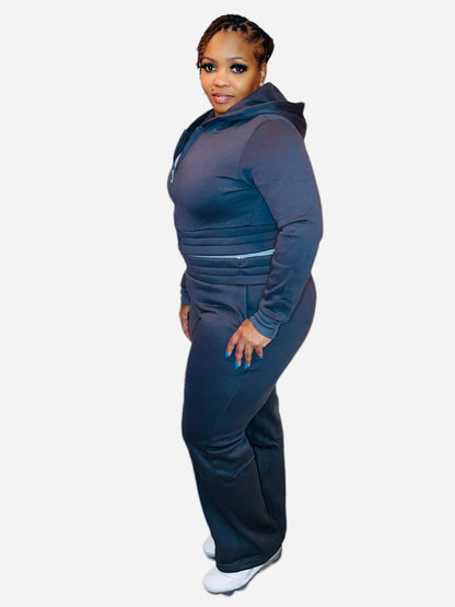 ZIPPED CROP HOODIE SET (CHARCOAL)