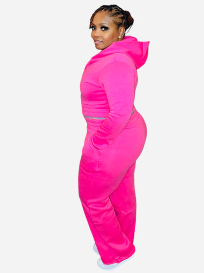 ZIPPED CROP HOODIE SET (FUCHSIA)