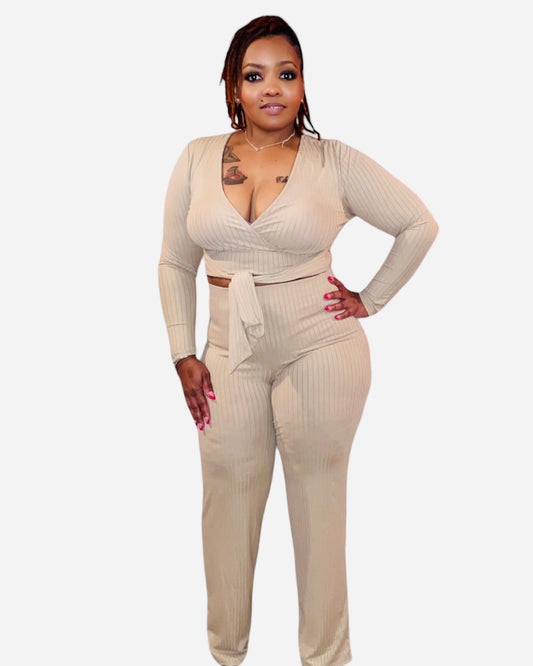 RIBBED ELEGANCE 2 PIECE SET (KHAKI)